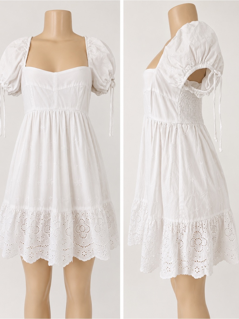 White Eyelet Puff-Sleeve Mini Dress